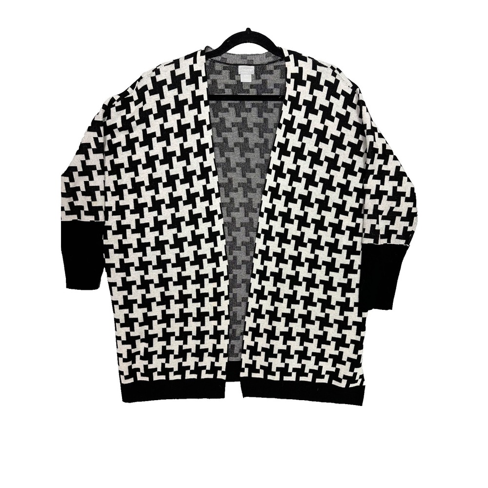 Chico's Cardigan Open Front Black & White Size S/M Cotton/Rayon 3/4 Sleeves